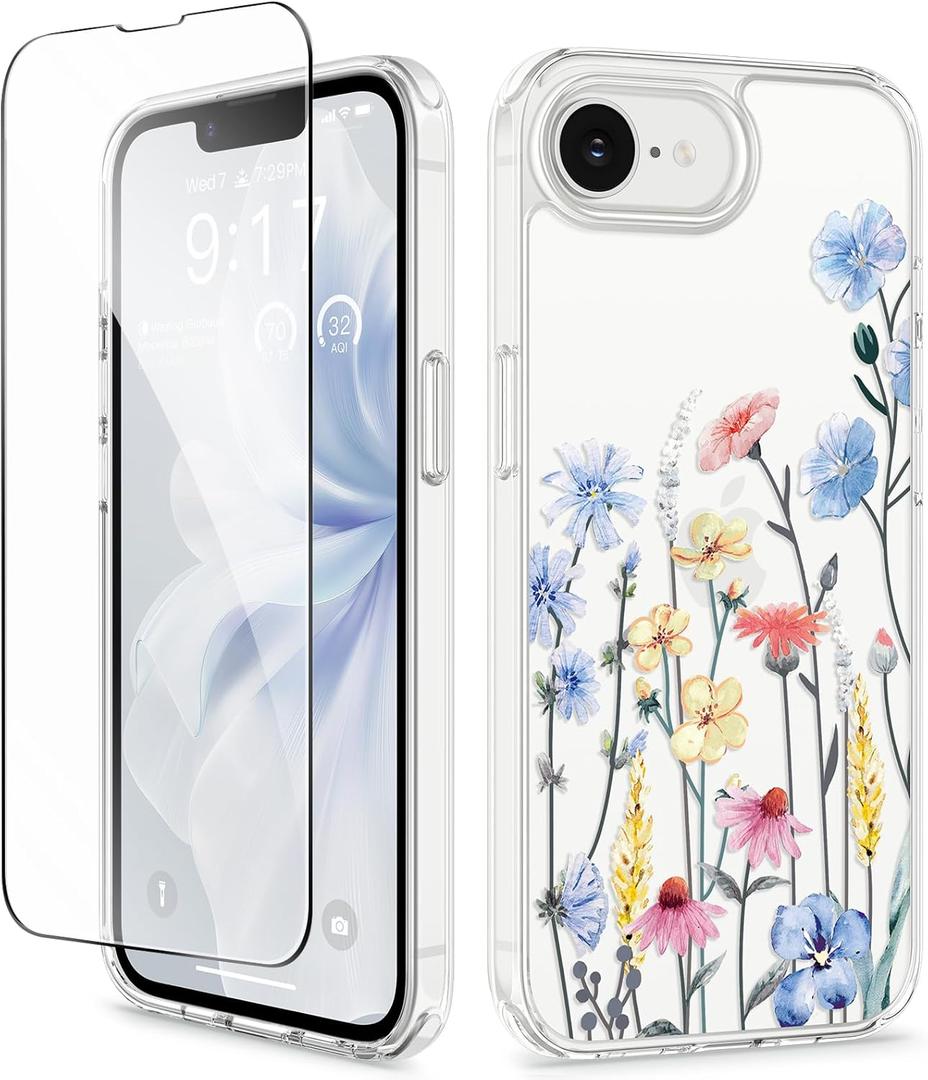 GVIEWIN for iPhone 16e Case with Screen Protector,[Non-Yellowing][Military-Grade Protection] Hard PC&TPU Bumper,Floral Shockproof Protective Clear Phone Case for iPhone 16E 2025(Aconite/Light Blue)