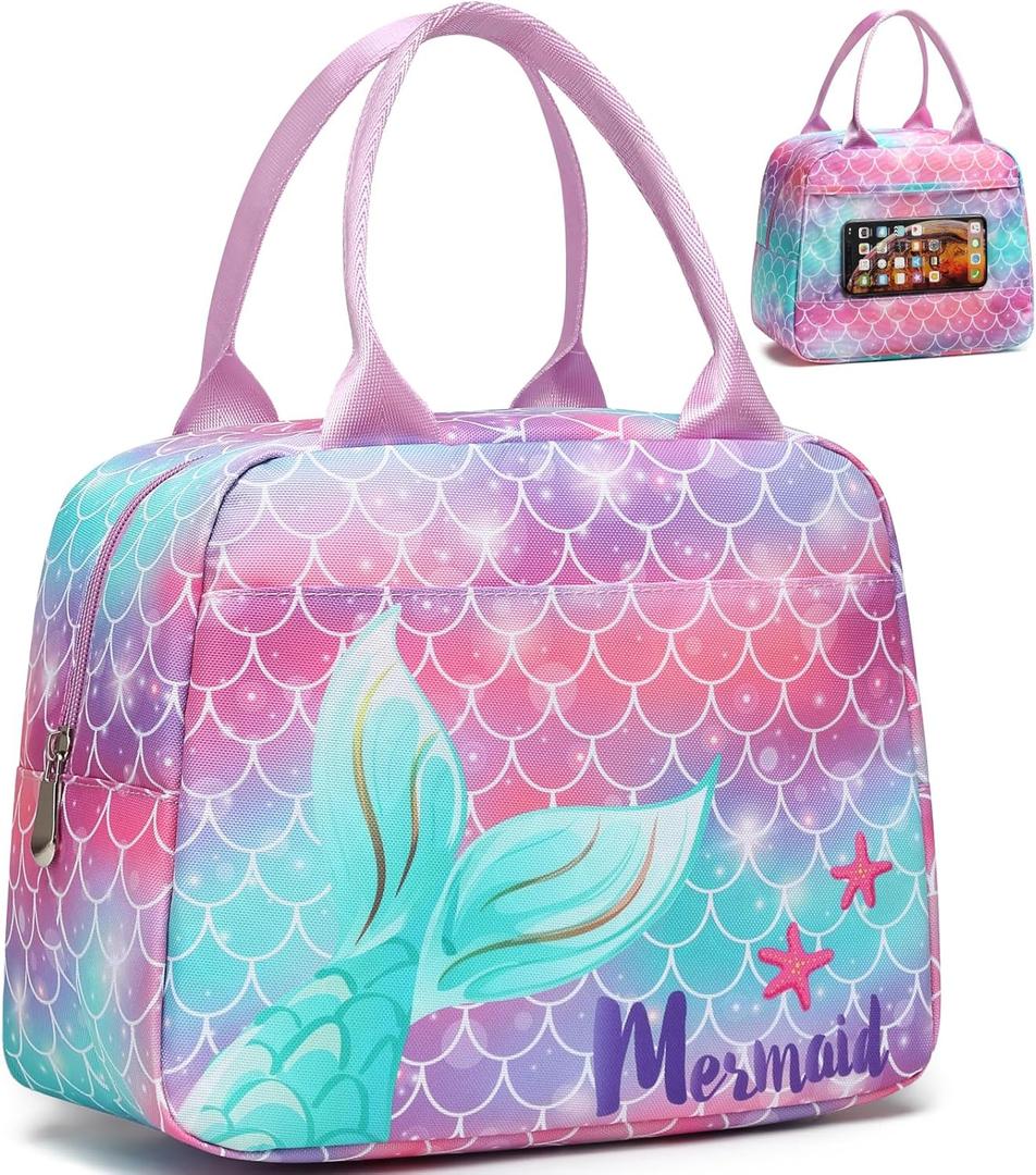 Bagseri Lunch Bag for Girls - Insulated Kids Lunch Bag for Girls Portable Reusable Toddler Lunch Cooler Bag for School with Leakproof Liner (Purple Mermaid Tail)