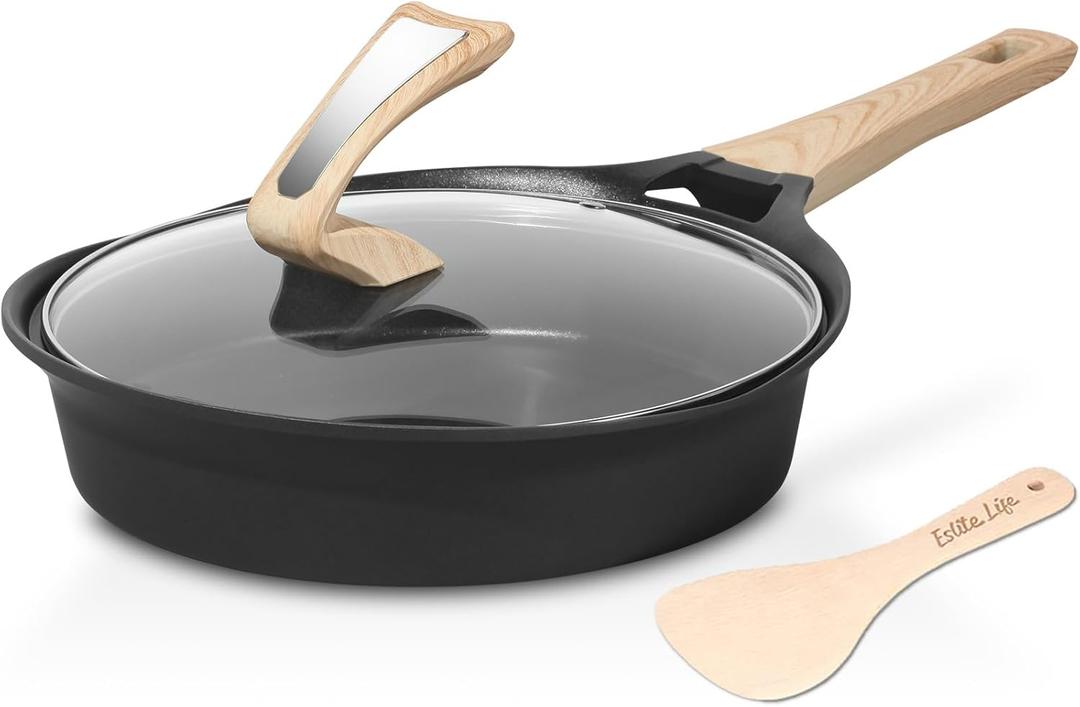 ESLITE LIFE Nonstick Deep Frying Pan Skillet with Lid, Healthy Granite Coating Egg Omelette Pan Stone Cookware Chef's Pan, PFOA Free (Black, 11 Inch)