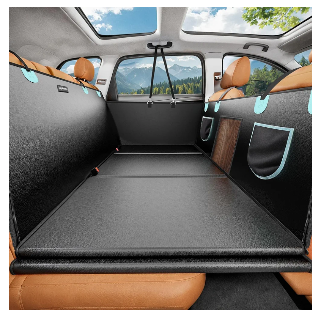 Tapizado Back Seat Extender for Dogs with PU Leather, Detachable Hard Bottom Car Seat Cover for Dog Holds 400lbs, Large Space Backseat Extender, Hammock for Car, SUV with Mesh Window