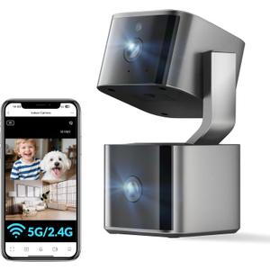 Dual Lens Security Camera Indoor 5G/ 2.4G WiFi, 2.5K Pet Camera with Pan Tilt for Home, Baby Monitor, AI Tracking, Color Night Vision, 2-Way Talk, No Dead Zone, 355° View, Alexa/ Google