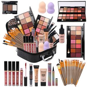 All in One Makeup Kit for Makeup storage bag 2X14 Colors Eyeshadow Palette Liquid Foundation Eyeliner Pencils Contouring Stick Lip Gloss 20Pcs Make up Brushes For Women Girls Teens (Black)