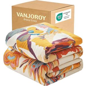 VANJOROY Boho Throw Blanket, 100% Organic Cotton Ultra Soft 50" x 60" Throw for Couch and Bed - Skin-Friendly Embroidery Cozy All Season Rustic Floral Decor Chair Blanket -Beige (A-flower-butterfly)