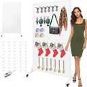 Royxen 3.5 x 6 Feet Metal Pegboard with 50 Hooks, Peg Board Display Stand with Wheels, Large Standing Pegboard Displaywith T-Base Art Display Stand for Retail Stores Exhibitions Homes (White)