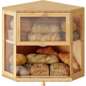 WOWLIVE Corner Bread Box for Kitchen Countertop, Double Layer Bamboo Bread Storage Container, Large Farmhouse Bread box with Acrylic Wavy Door Panel, Under Cabinet Organizer (Natural, Medium)