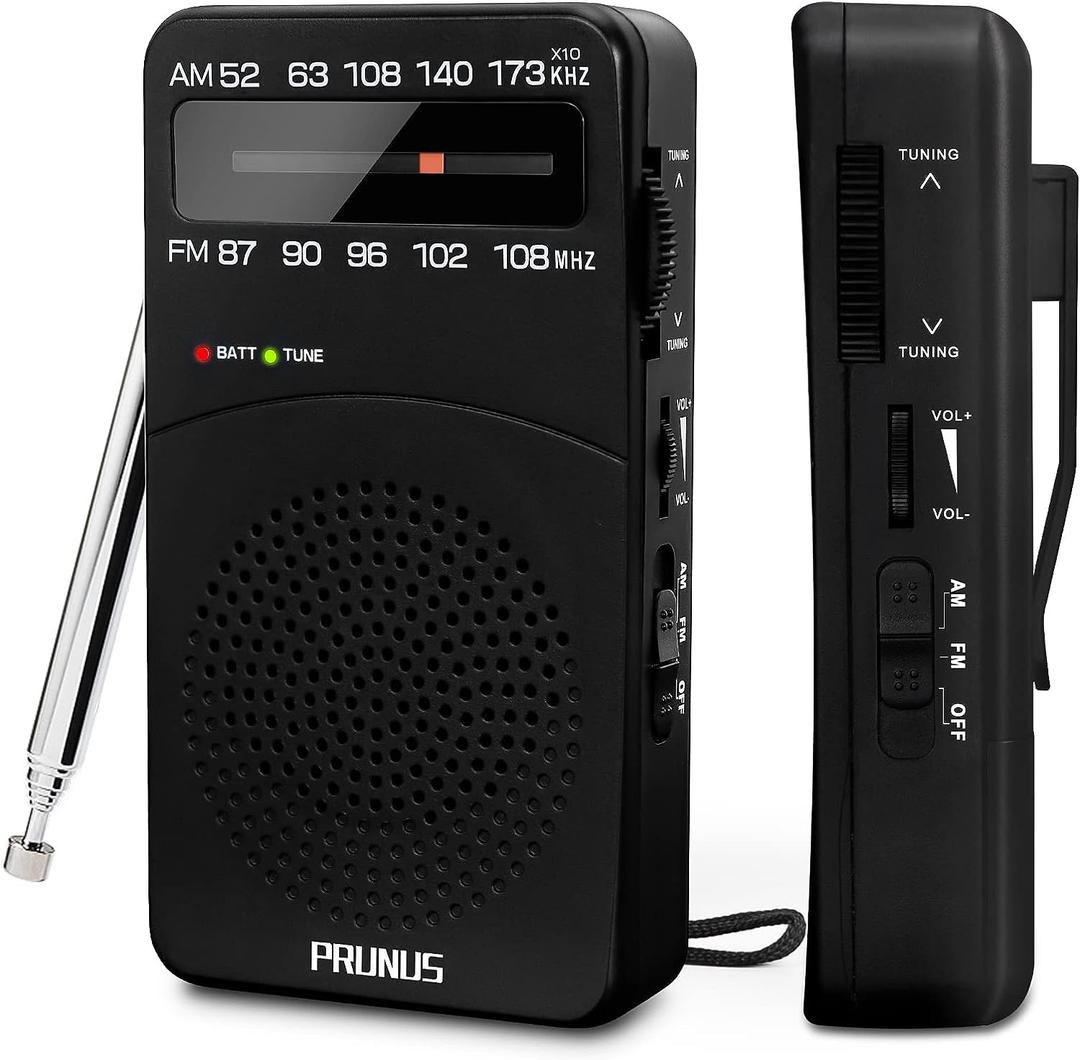 PRUNUS J-166 Portable Radio AM FM, Battery Operated Radio with Tuning Light, Back Clip, Excellent Reception, AM FM Radios Portable, Transistor Radios (Black)