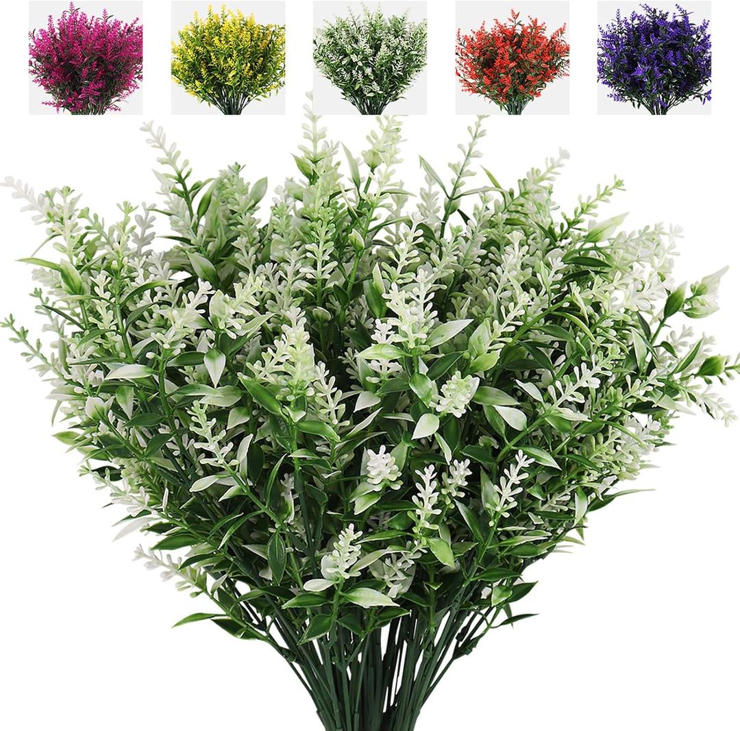 RECUTMS Artificial Plants Lavender, 8 Bundles Outdoor UV Resistant Greenery Fake Shrubs Simulation Plants Indoor Outside Hanging Planter Home Garden Decor (White)