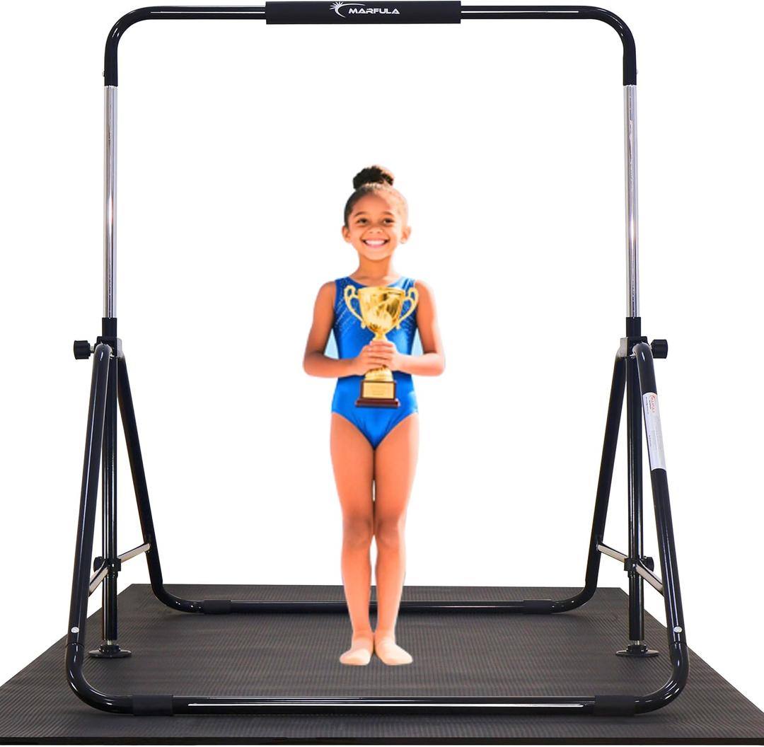 MARFULA Foldable Gymnastic Bar for Kids Ages 3-12, 9 Height Levels, 200 lbs Weight Capacity, 5 Ft Length Gymnastic Kip Bar with Mat, Gymnastic Equipment for Home and Gym Center Indoor Outdoor Use