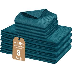Native Fab 100% Cotton Dish Towel & Dishcloths Set - 8 Piece Set, Soft, Absorbent, Fast Drying, Durable Towels for Cleaning, Baking, Cooking - Great for Home, Kitchen & Restaurant Use - Teal Green