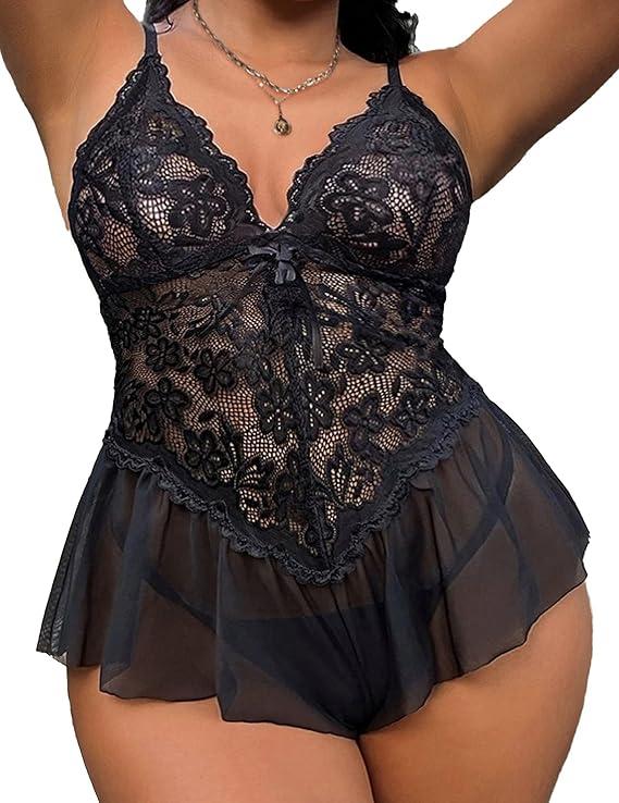 Avidlove Plus Size Lingerie for Women Lace Bodysuit One Piece Teddy Babydoll Mesh Chemise V Neck Sleepwear, M