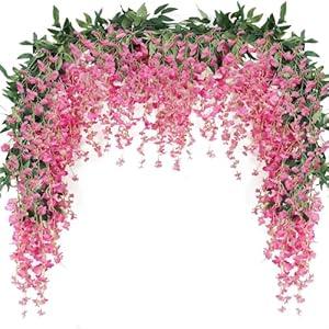 JUSTOYOU 3PCS 7FT 12 Stem Artificial Wisteria Vine Garland Fake Flower Wisteria Garlands for Outdoor Indoor Wedding Wall Badroom Decoration(Fuchsia)