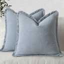 MIULEE Decorative Throw Pillow Covers Neutral Linen Fringe Throw Pillows Set of 2 Light Blue Boho Farmhouse Cushion Covers with Tassels for Couch Sofa Bed Living Room Spring Home Decor 20x20 Inch
