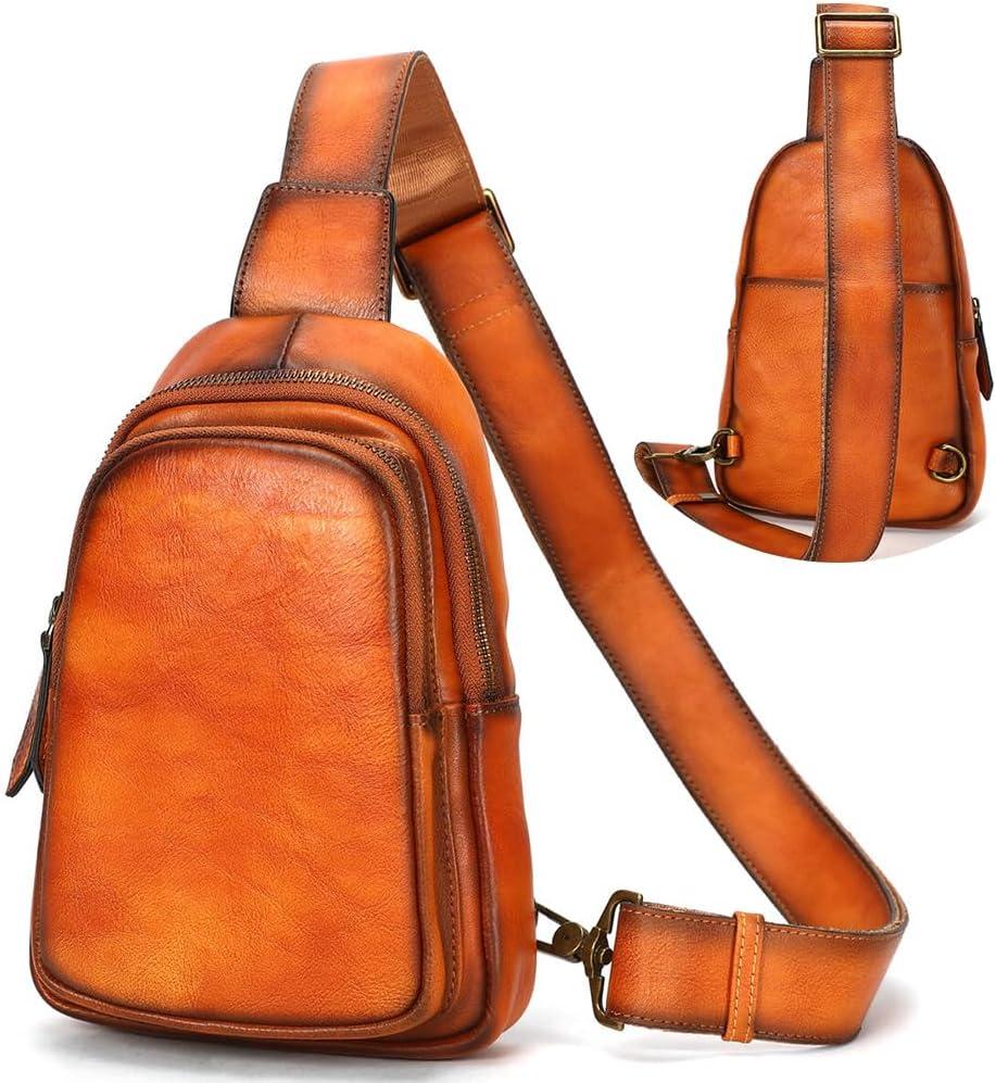 NIUCUNZH Genuine Leather Sling Bag, Handmade Vintage Crossbody Shoulder Bags Small Travel Pack for Women and Men (Brown)