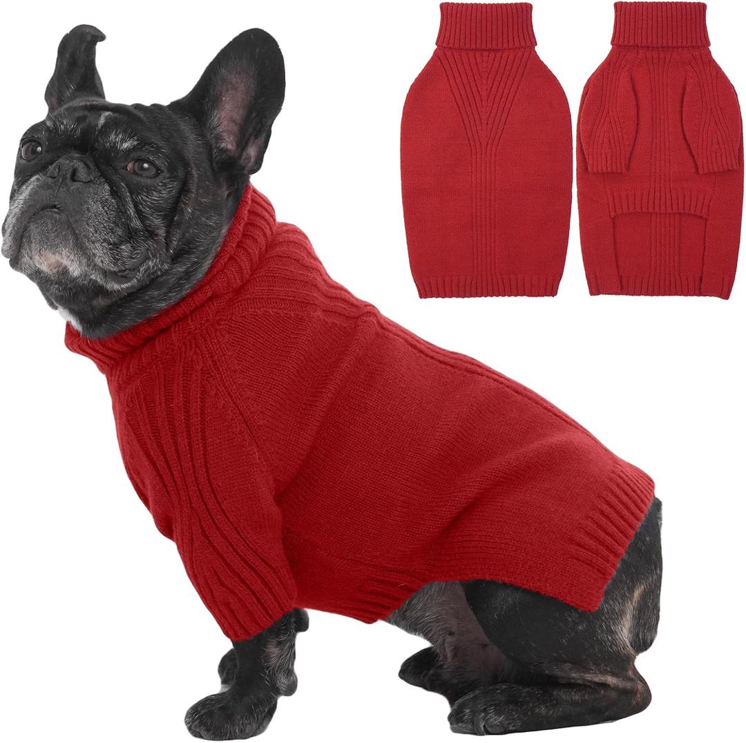 IECOii Dog Sweaters for Medium Dogs Girl Boy,Christmas Knit Doggy Sweatshirt with Sleeve,Turtleneck Thick Warm Dog Sweaters for Winter,Pullover Knitwear for French Bulldog,Boston Terrier (Red, L)