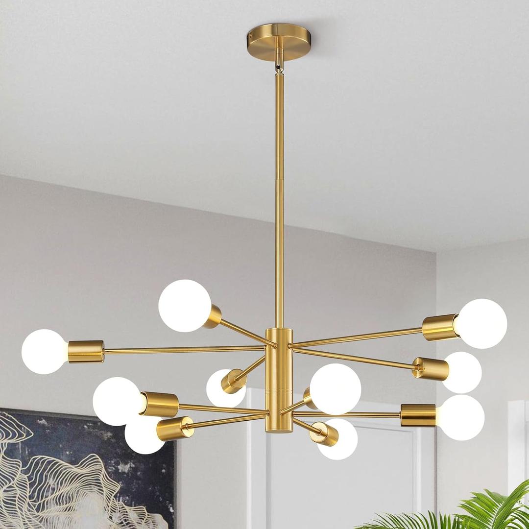 KAISITE Modern Chandelier Ceiling Light Fixture Sputnik Chandelier 10-Light Gold Chandelier for Dining Room Over Table Height Adjustable Lighting Fixture Ceiling Hanging for Kitchen Living Room