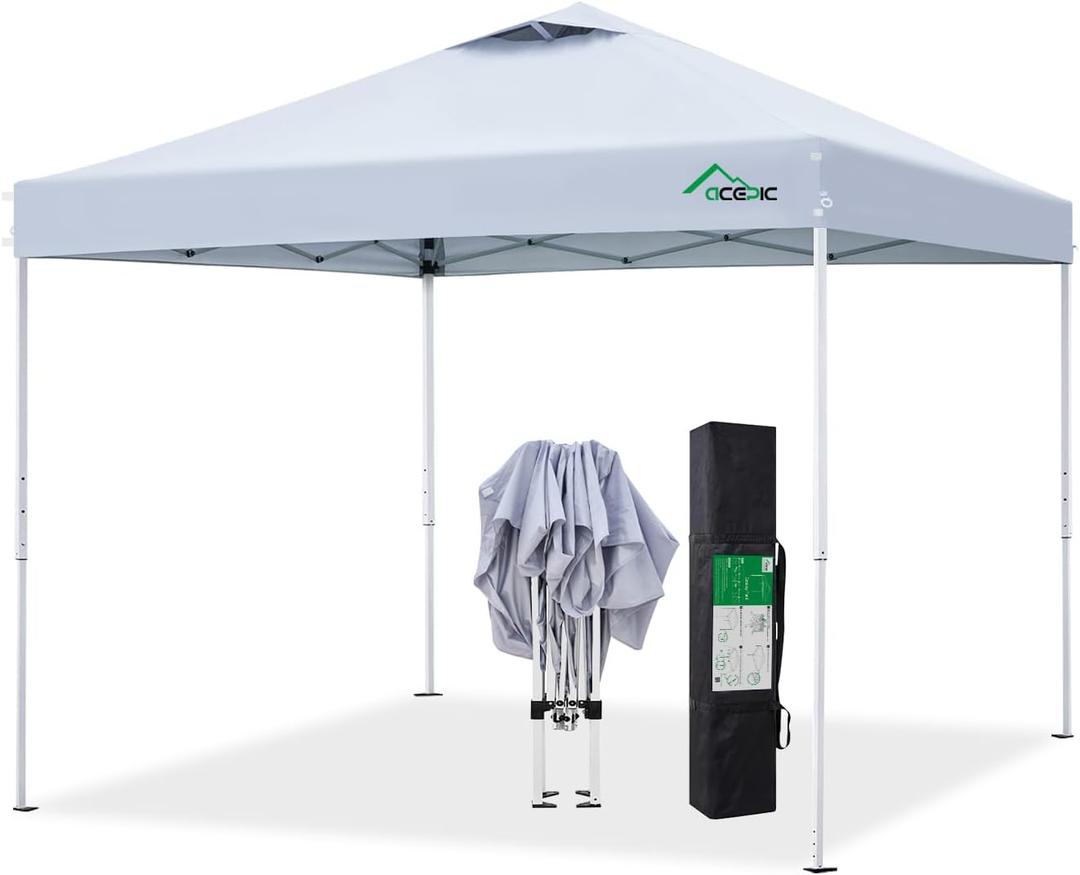 8x8 Pop Up Canopy Tent, 300D Silver-Coating Top, Pop Up Canopy Tent Instant Portable Shelter with Handbag, 8 Stakes and 4 Canopy Weights (White)