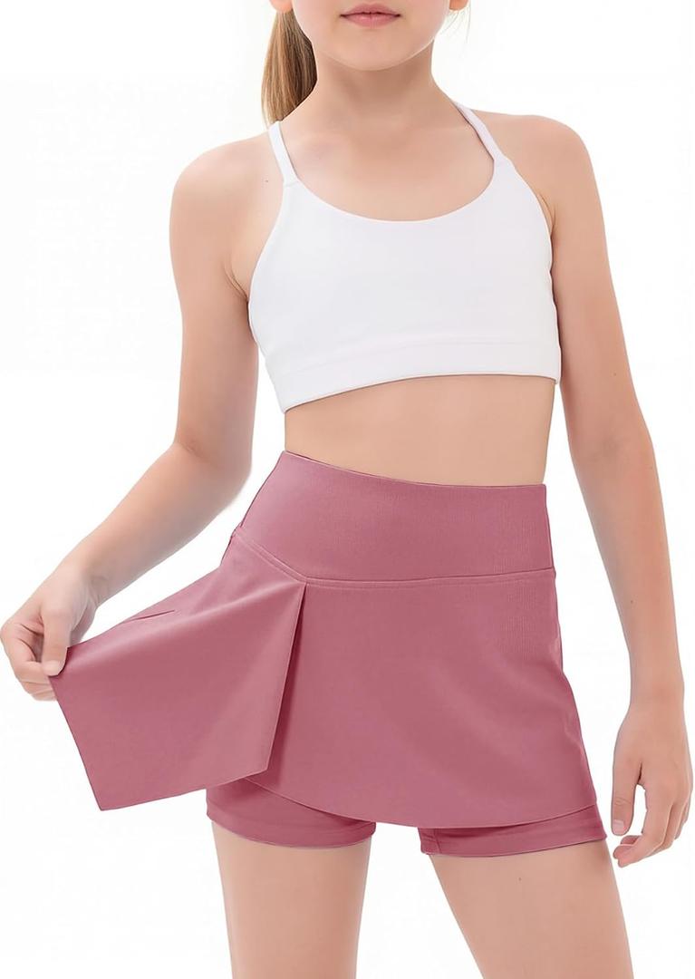 CharmWM Girls High Elastic Waist Shorts Kids Cute Active Golf Tennis Skorts Skirts Leggings Pants (Pink)