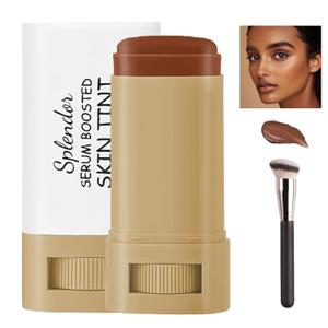 Serum Boosted Skin Tint Balm, Beauty Balm Skin Tint Stick for Black Women, 2-in-1 Foundation Stick with Brush, Portabl Moisturizing Essence Solid Tinted Moisturizing Serum Even Skin Tone 