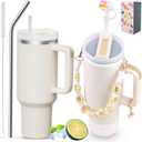 40 oz Tumbler Insulated Mug w/Straw & Flip Cap Lids - Cup Holder Bottle with 6 Accessories Set for Hot, Cold Drink - Leak-Proof - Water, Coffee Portable Travel Mug (Cream)