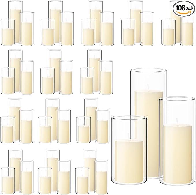 Shihanee 108 Pcs Pillar Candles and Glass Cylinder Vases Clear Cylinder Holders for Slim Pillar Candles Table Decorations, Total 54 Sets(Ivory White,108 Pcs)