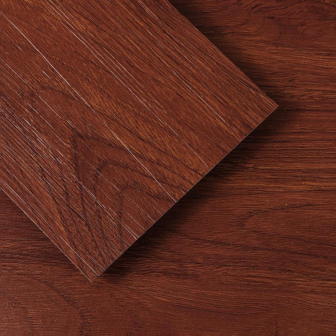 Yun-aeon Reddish Brown Peel and Stick Floor Tiles 12-Pack 18 Sq Ft Stripe Self Adhesive Wood Grain Planks Removable Vinyl Flooring Art Deco for Bedroom Living Room (36In6In)