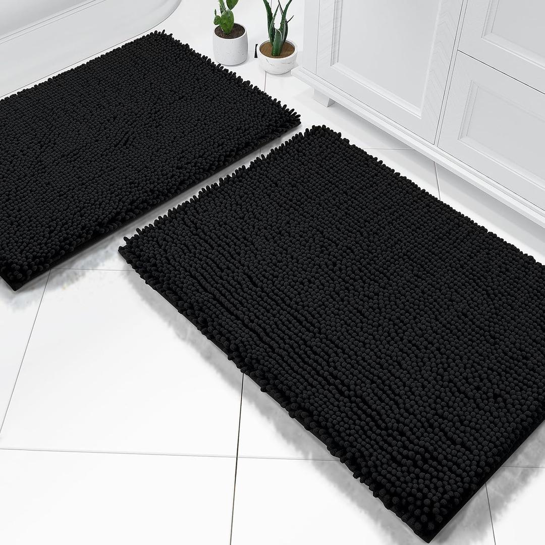 Yimobra Bathroom Rug Set 2-Piece, Soft Absorbent Quick-Dry Chenille Bath Mats, Machine-Washable, Bathroom Mats for Floor, Tub & Shower, Bath Rugs for Bathroom  32x20 + 24x17, Black