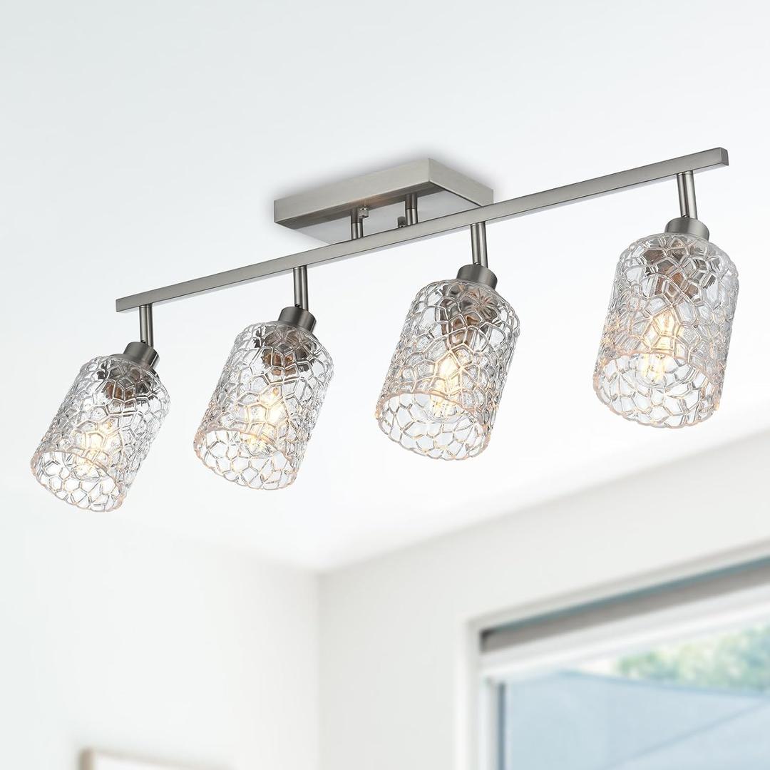 4 Light Semi Flush Mount Ceiling Light with Directional Rotatable Heads, Clear Glass Shades Modern Bathroom Vanity Lighting in Brushed Nickel Finish Track Lighting Kit Spotlight