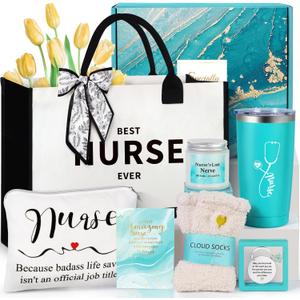 Nurse Gifts for Women, Rn Appreciation Gift Set Nurses Week Set Graduation Box Christmas Basket for Nurses Female Nursing Student with Canvas Beach Tote Bag Tumbler Keychain Purple