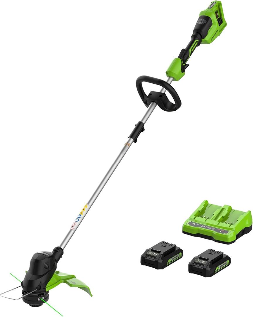 Greenworks 48V (24V x 2) 15" String Trimmer, (2) 2Ah Batteries and 4A Dual Port Charger Included