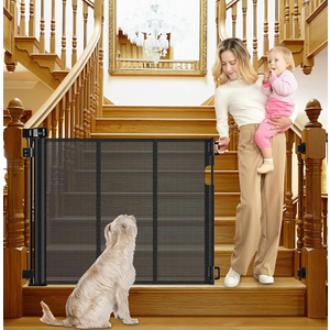 Reinforced Retractable Dog Gate for Stairs 55 Inch Adjustable Brackets and Detachable Latches Retractable Baby Gate Retractable Mesh Gate for Kids and Pets Banister to Banister Mesh Pet Gate for Stair