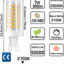 G9 LED Bulbs Dimmable 2700K G9 Bi-Pin Base T4 7W Replacement for 70 Watts Halogen,120V 800 Lumen 360Beam Angle Soft Warm White 6 Pack, Bathroom Vanity Light Fixture