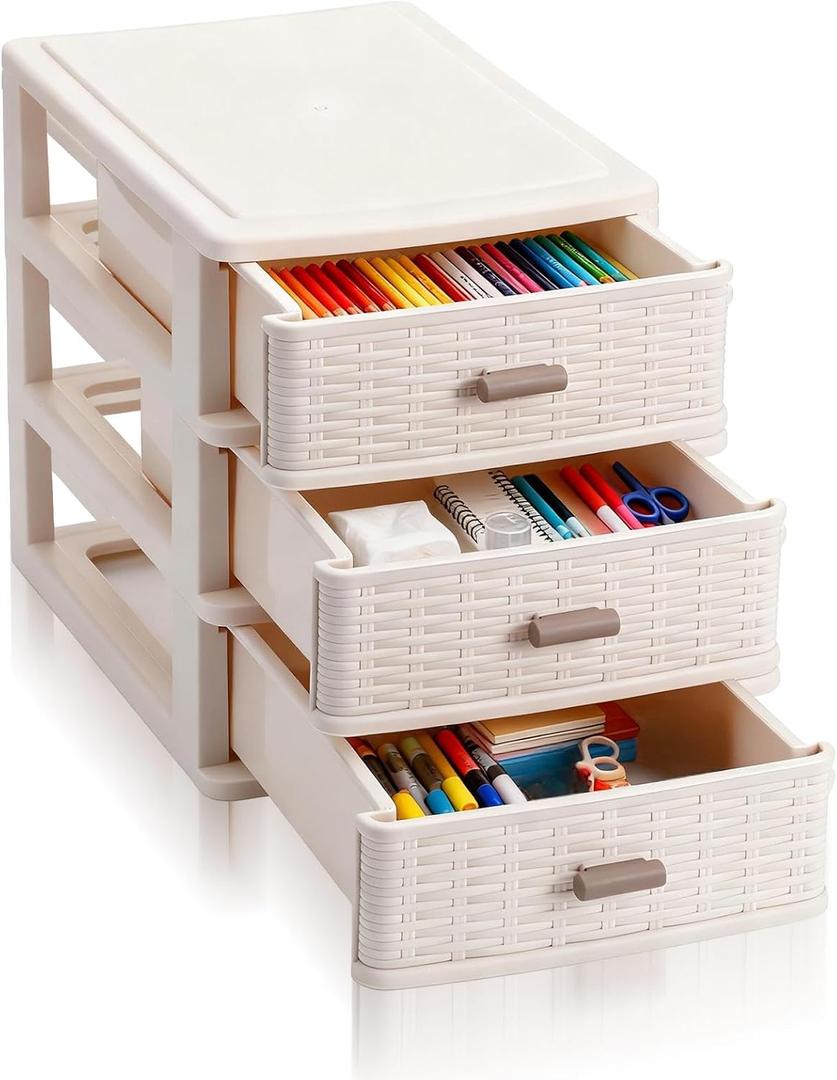 Small Storage Desk Wicker Weave Drawer 3 Drawers Plastic Storage Mini Plastic Weave Drawer Unit with Pull Handles Desk Organizer for Office Supplies Craft Countertop Makeup Bathroom(White)