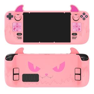 PlayVital Cute Demon Protective Case for Steam Deck LCD & OLED, Kawaii Anti-Slip Protector for Steam Deck OLED with Thumb Grip Caps & Trackpads Stickers & Back Button Enhancement Set - Pink