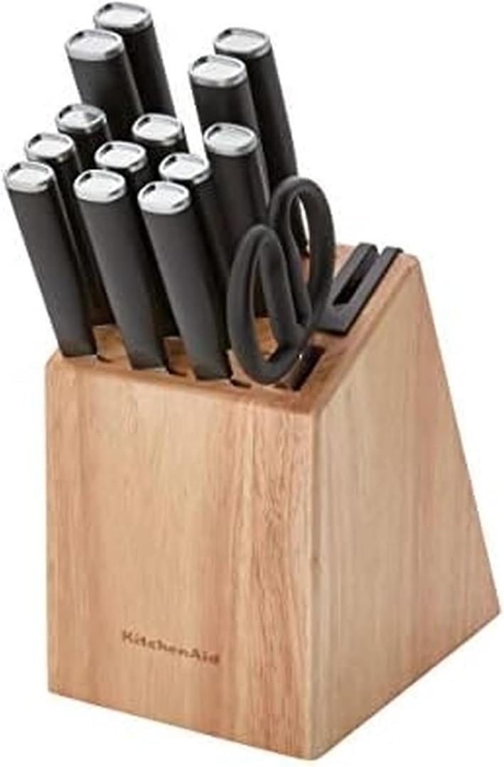 KitchenAid Classic 15 Piece Knife Block Set with Built in Knife Sharpener, High Carbon Japanese Stainless Steel Kitchen Knives, Sharp Kitchen Knife Set with Block, Rubberwood