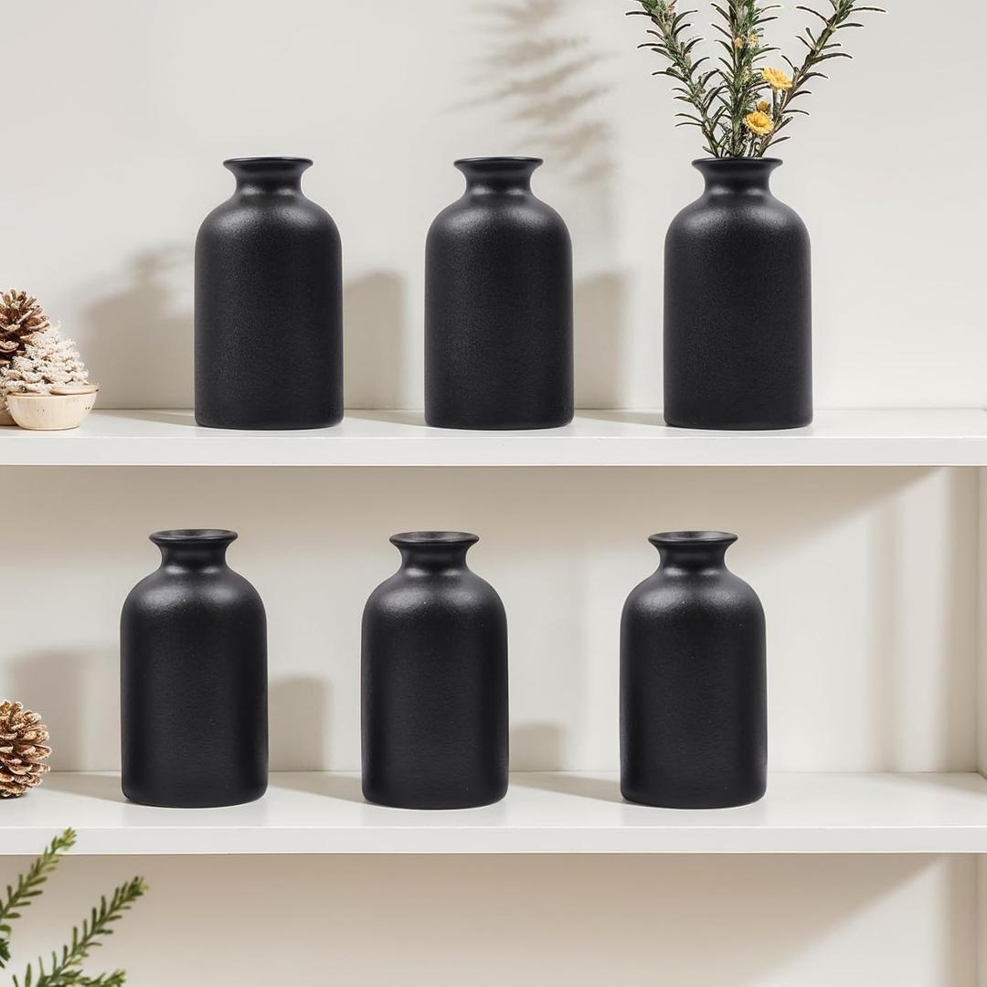 Black Ceramic Bud Vases Set of 6 5in Small Vases for Dry Flowers or House Plants, Modern Boho Decorative Vases for Wedding, Home, Table Centerpieces, Mantel or Office Decor