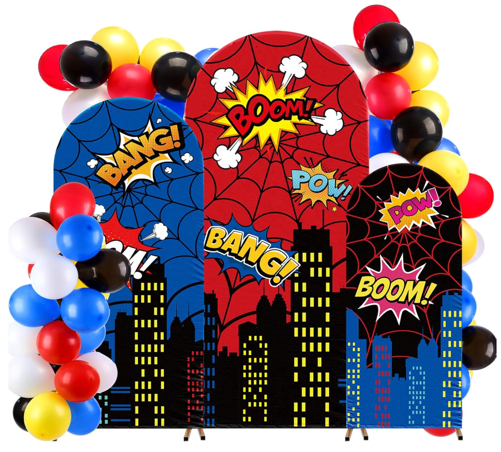 Tudomro 3 Pcs Spider Web Arch Backdrop Cover with Balloons Spider Birthday Party Decorations for Christmas Photo Props Indoor Outdoor Cosplay Wedding Baby Shower Backdrop Decor