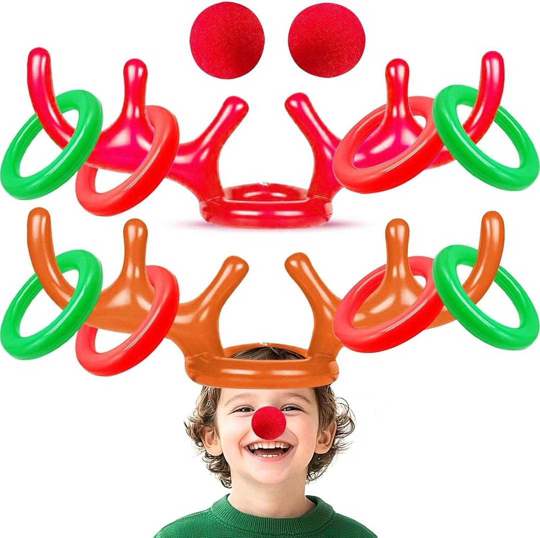 Happy New Years Christmas Inflatable Reindeer Antler Ring Toss Game 2 Set 10 PCS Christmas Party Game Decorations Inflatable Toys Kids Family Christmas Holiday Party Favor Supplies Carnival Game