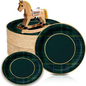100 Pcs Green Blue Tartan Plaid Paper Plates We Can Bearly Wait Party Plates Disposable Tableware Decoration for Guests Baby Shower Wedding Birthday Party Supplies(Green,7"x7")