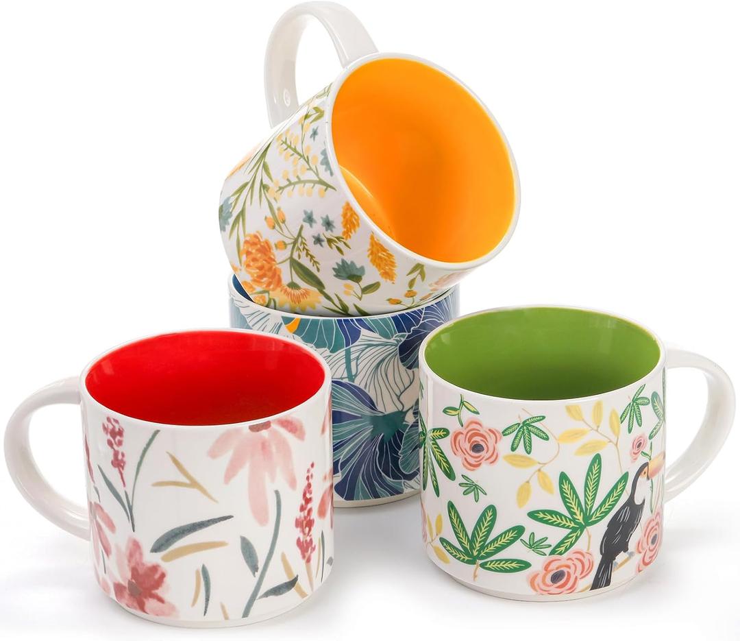 Frcctre Set of 4 Ceramic Coffee Mug Set, Large 15 Ounce Ceramic Tea Cup with Handle, Vintage Hand Painted Floral Porcelain Mug Colorful Restaurant Mug for Coffee, Tea, Milk, Hot Cocoa