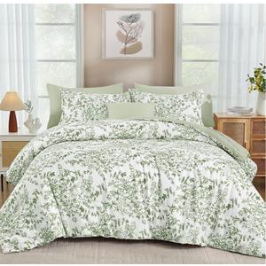 WONGS BEDDING 8 Pieces Full Size Comforter Set Green, Sage Green Floral Bed in a Bag Comforter Sets, Soft Reversible Botanical Flowers Bedding Sets for All Season (78"x90")
