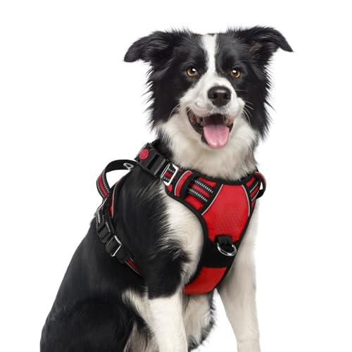rabbitgoo Dog Harness Medium Sized, No Pull Dog Vest with 3 Buckles, Adjustable Soft Padded Pet Harness with Easy Control Handle and Reflective Strips, Red, M