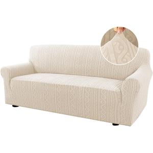 H.VERSAILTEX Sofa Cover 1 Piece Stretch Sofa Slipcovers Non Slip Sofa Cover with Elastic Bottom Washable for Kids, Pets Upgrade Thick Jacquard Fabric with Spiral Pattern(75"-85", Ivory)