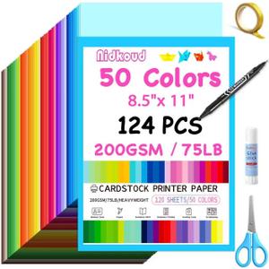 124 PCS Colored Cardstock 8.5" x 11", 50 Assorted Colors Construction Paper Bulk for Crafts, Thick Card Stock Colorful Printer Paper for Scrapbooking, Card Making, Kids School Supplies(200GSM)