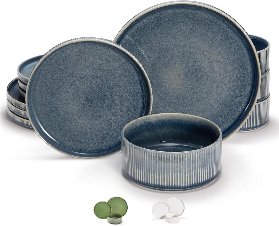 Ceramic Dinnerware Set, by Vase and Vessel, 12-Piece Service for 4, 9.8 Dinner Plates, 8 Salad Plates, 20 oz Bowls, Ombre Reactive Glaze, Durable Stoneware, Microwave & Dishwasher (Denim)