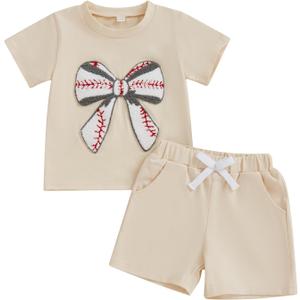 Toddler Baby Girl Summer Outfits Baseball Bow Fuzzy Embroidered T Shirt Top Shorts 2Pcs Baseball Game Day Clothes (Beige)