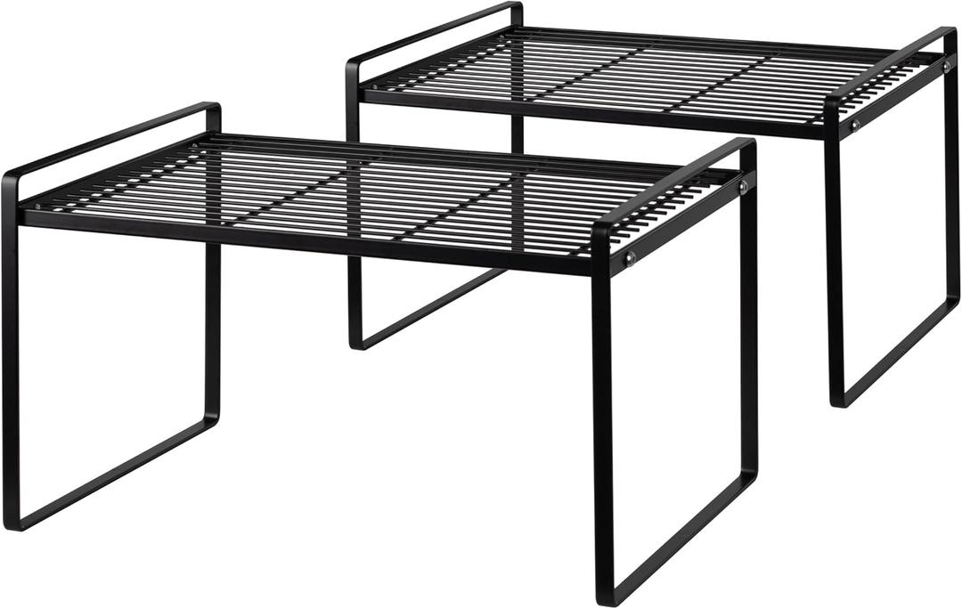 Shantton 2Pack Kitchen Cabinet Shelf Counter Organizer Rack Pantry Storage Bathroom Bedroom Office Table Desk Space Saving Stackable Rust Resistant Non Slip Black Tall Wide L13.1in W10.6in H9.5in