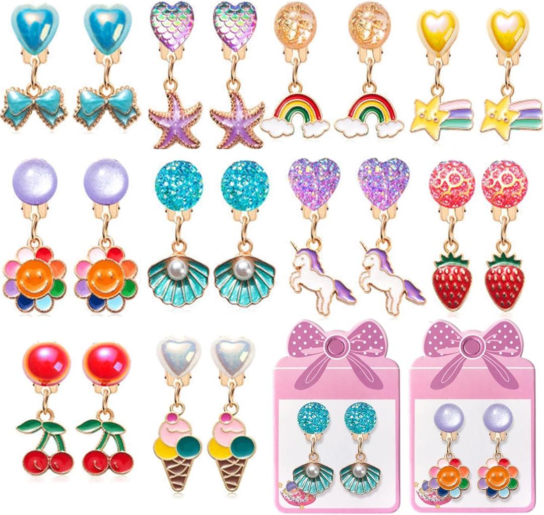 Clip On Earrings for Girls, 10/12 Pairs Kids Clip On Earrings for Toddler Party Favor, Stick on Earring Jewelry Set for Little Girl Princess Play Ages 3-12