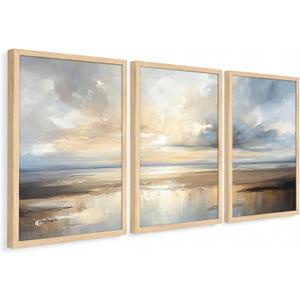 Framed Modern Abstract Coastal Oil Painting Wall Art Set of 3, 16x24 In