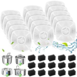 15+15 Pack Cat Water Fountain Filters, Pet Water Fountain Filters Replacement for Dog/Cat Stainless Steel Fountain PLWF005/PLWF115/PLWF105, 7 Months Set to Keep Drinking Fresh