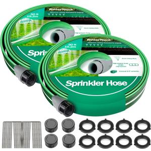 Breeze Touch 2X50FT Sprinkler Hoses for Lawn, Three-Tube Flat Sprinkler Hose with Holes, Heavy Duty Soaker Hose for Garden with U-Shaped Stakes, Flexible Irrigation Hose for Yard